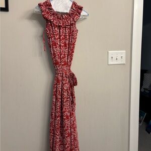LOFT Red and White Off-Shoulder Maxi Dress